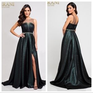 Elegant jacquard brocade emerald gown